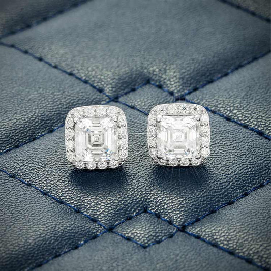 Square Halo Stud Earrings VVS1 Moissanite GRA Certified